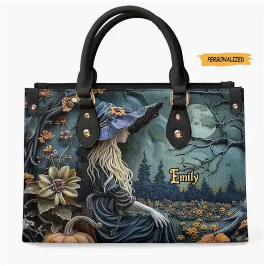 Discover Beautiful Witches Personalized Name Leather Handbag With Halloween Theme