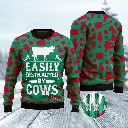 Discover Ugly Christmas Cow Sweater, Easily Distracted by Cows Funny Holiday Pullover for Farmers, Ranch Lovers & Country Christmas Outfit