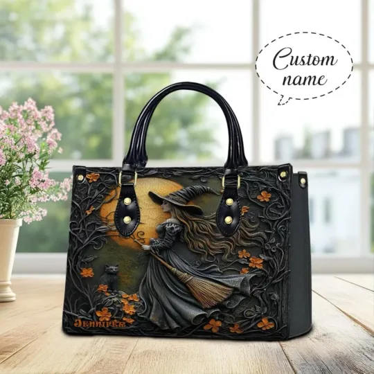 Personalized Witch Art Print Leather Handbag with Handle and Wallet for Halloween