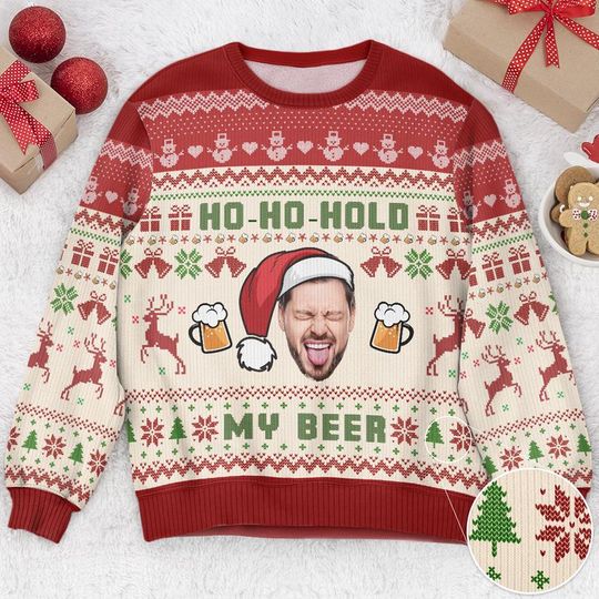 Discover Personalized Photo Face Ugly Sweater, Custom Ho Ho Hold My Beer Christmas Sweater, Christmas Sweatshirt, Christmas Party Gift