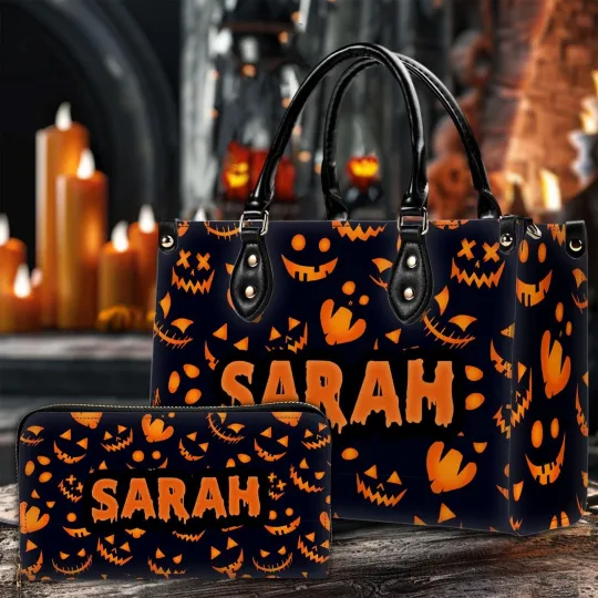Discover Personalized Halloween Leather Handbag with Handle and Wallet Set