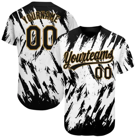 Custom White Black-Old Gold 3D Pattern Design Baseball Jersey