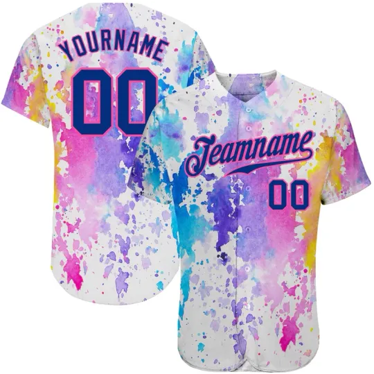 Custom White Royal-Pink 3D Pattern Design Watercolor Baseball Jersey