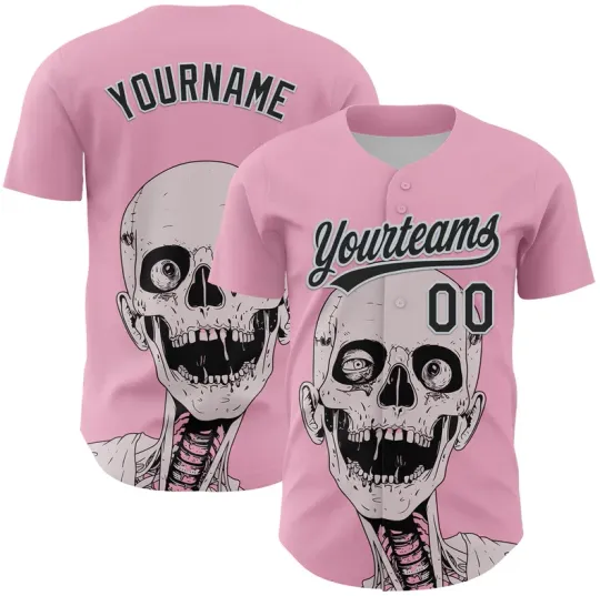 Custom Light Pink Black-Silver 3D Halloween Baseball Jersey