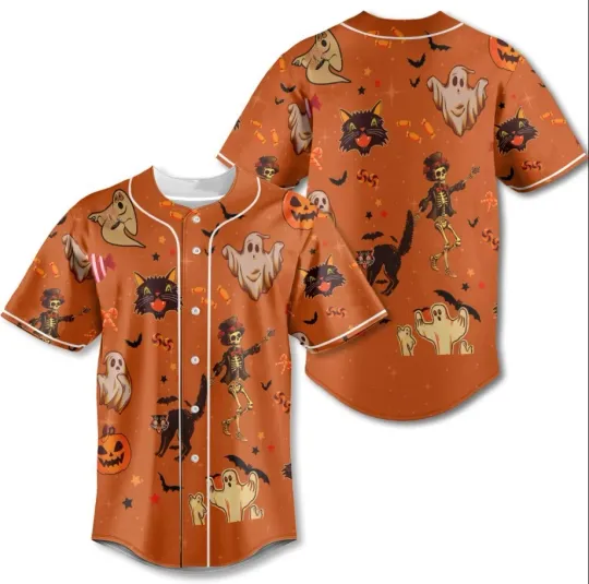 Discover Orange Halloween Ghost Pumpkins Candle Skeleton Silhouette Baseball Jersey