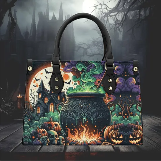 Halloween Whimsical Haunted House Witchy Forest Leather Handbag