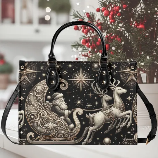 Luxury Women's Vegan Leather Tote Bag in 3 Sizes for Christmas Santa Claus