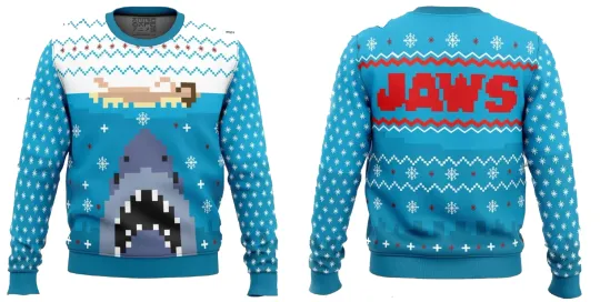 Christmas Shark Santa Jaws Ugly Sweater Blue  Full Size