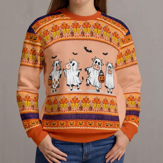 Halloween Cow Ugly Sweater | Ghost Cow Sweatshirt | Funny Fall Pumpkin Sweater | Cute Spooky Cow Pullover | Trick or Treat Shirt
