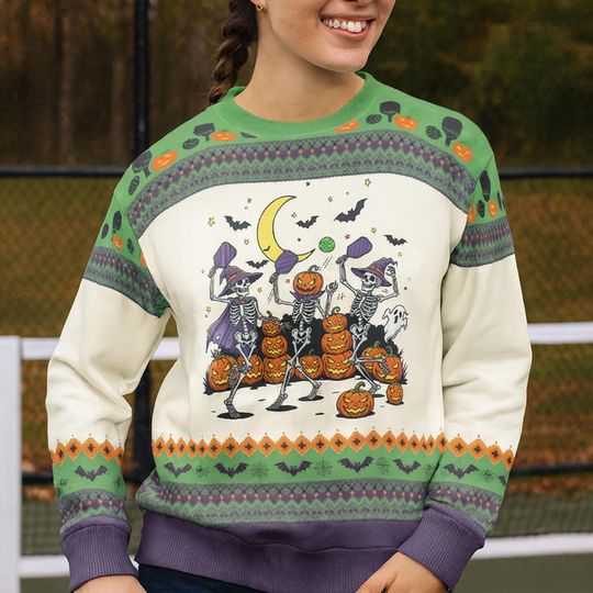 Discover Halloween Pickleball Ugly Sweater  Skeleton Pumpkin Players Funny Spooky Sweatshirt, Retro Bat Ghost Costume Party Outfit