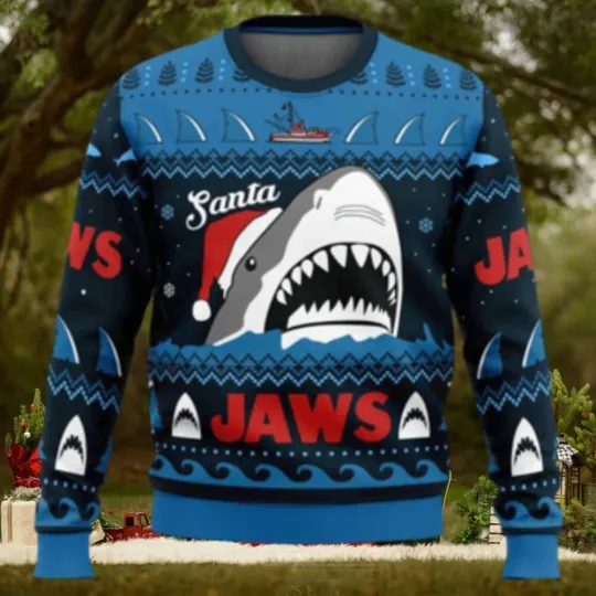 Santa Jaws Jaws Shark Santa Hat Ugly Christmas Sweater Full Sizes