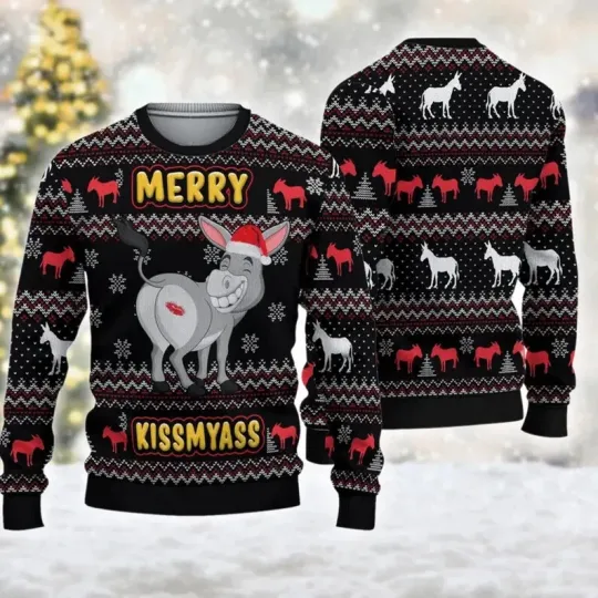 Merry Kissmyass Donkey Christmas Ugly Sweater, Funny Donkey Christmas Sweater