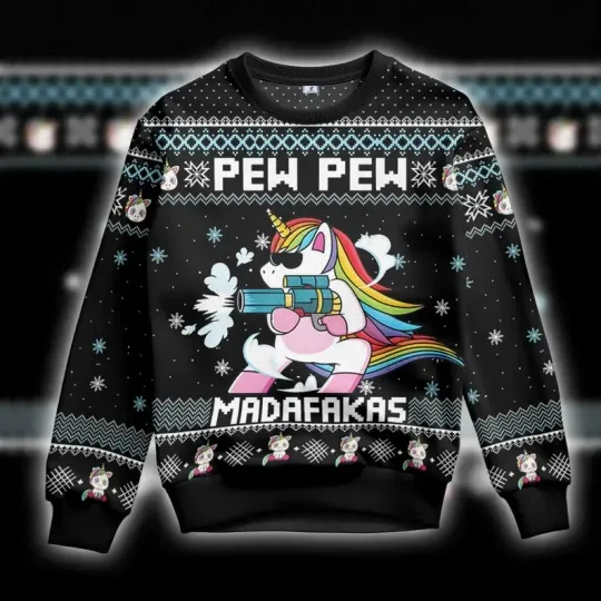 Christmas Unicorn Pew Pew Ugly Sweater, Pew Pew Sweater, Xmas Happy Holiday Gift