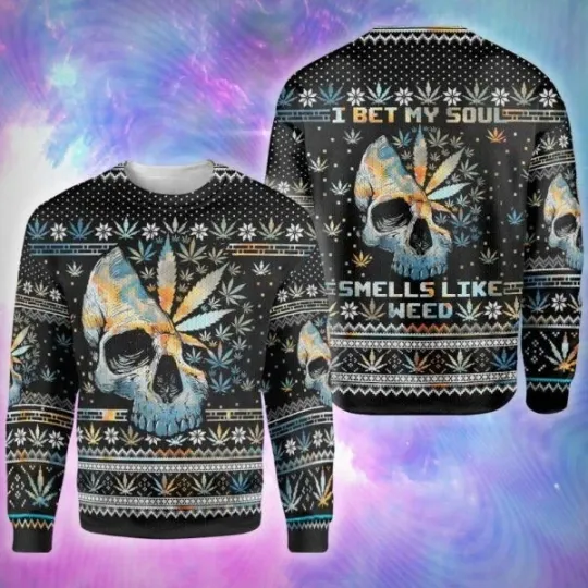 Skull Weedd Unisex Ugly Christmas Sweater, Skull Sweater Best Christmas Gift