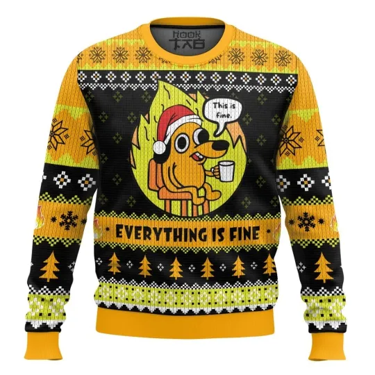 Discover This is Fine Meme Christmas Ugly Sweater Funny Holiday Meme Gift