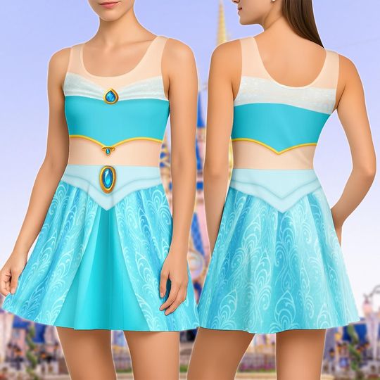 Jasmine Princess Skater Dress, Disney Princess 2025 Cosplay Women Dress, Aladdin Casual Dress, Blue Arabian Halloween Comfort Dress