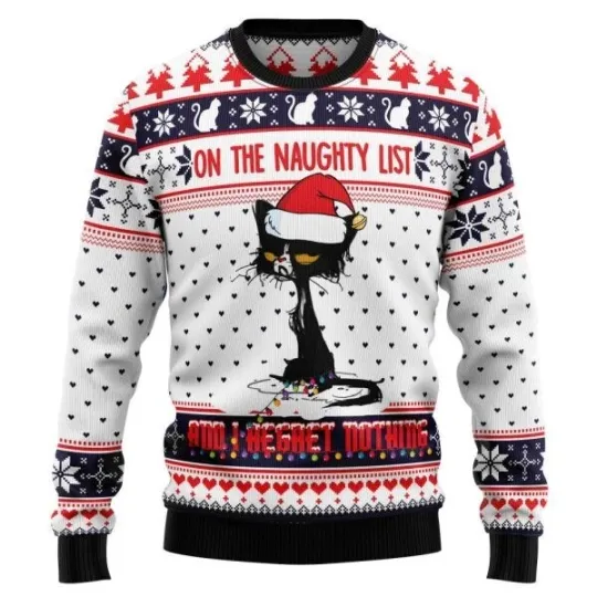 Naughty List Cat Meow Ugly Christmas Sweater Xmas Best Gift For Cat Lover