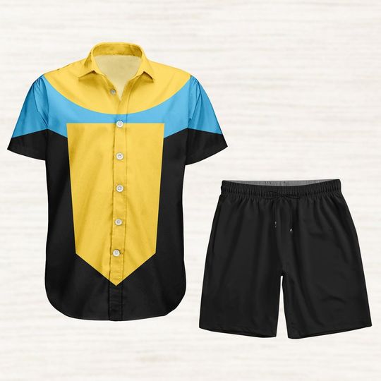 Discover Invincible Cosplay Button Shirt, Mark Grayson Costume, Invincible Shorts Men, Superhero Comic Book Shirt, Invincible Halloween Merch