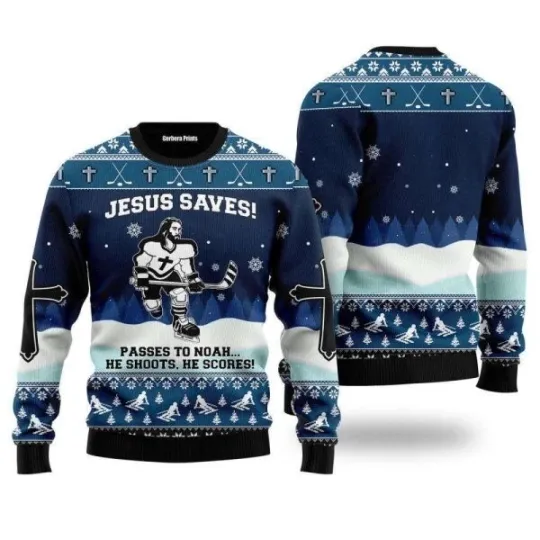 Jesus Saves Hockey Ugly Christmas Sweater, God Ugly Sweater Gift Happy Holiday