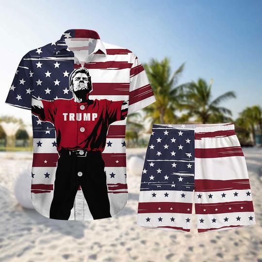 Discover Trump American Flag Hawaiian Shirt, 4th of July Patriotic Beach Shirt, MAGA Vacation Shirt, Trump 4th of July Button Shirt