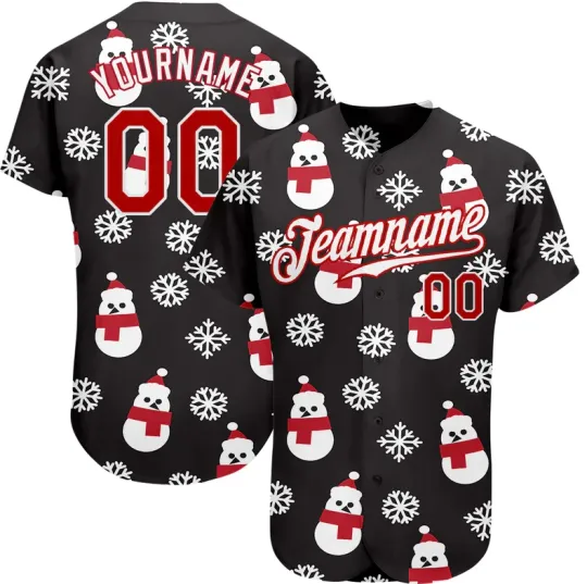 Custom Black Red-White Christmas 3D Baseball Jersey