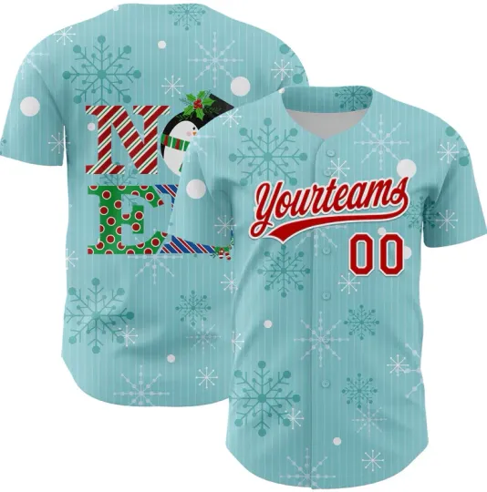 Custom Ice Blue Red-Kelly Green 3D Funny Christmas Baseball Jersey