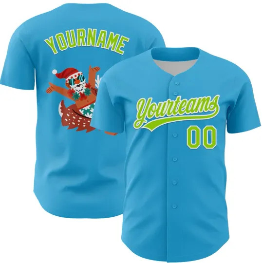 Discover Custom Sky Blue Neon Green-White 3D Funny Christmas Baseball Jersey