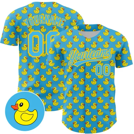 Custom Sky Blue Yellow 3D Pattern Design Animal Duck Baseball Jersey