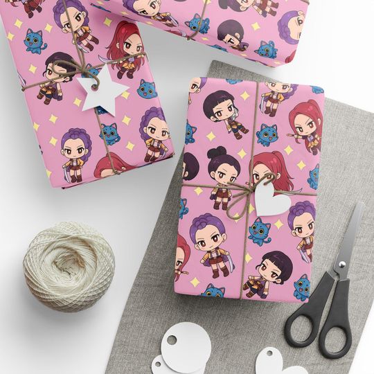 Kpop Demon Hunter Wrapping Paper, Cute Anime Gift Wrap, Chibi Character Packaging, Kawaii Birthday Wrap, Unique Gift Wrap for Kpop Fans