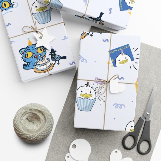 Kpop Demon Hunter Birthday Gift Wrap Paper, Cute Cat and Bird Birthday Gift Wrap, Kpop Demon Hunter inspired wrapping paper