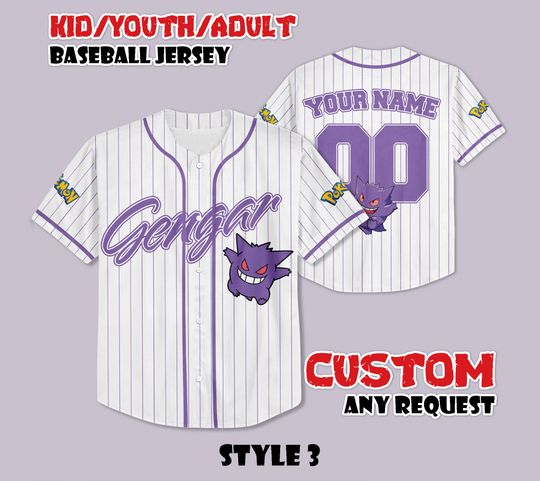 Custom PKM Gengar Baseball Jersey, Funny Anime Baseball Tee, Personalized PKM Lover, Gift for PKM Fans, Birthday Gifts