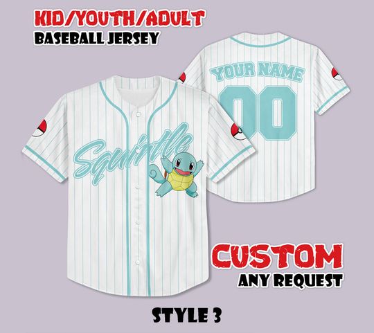 Custom PKM Squirtle Baseball Jersey, Funny Anime Baseball Tee, Personalized PKM Lover, Gift for PKM Fans, Birthday Gifts
