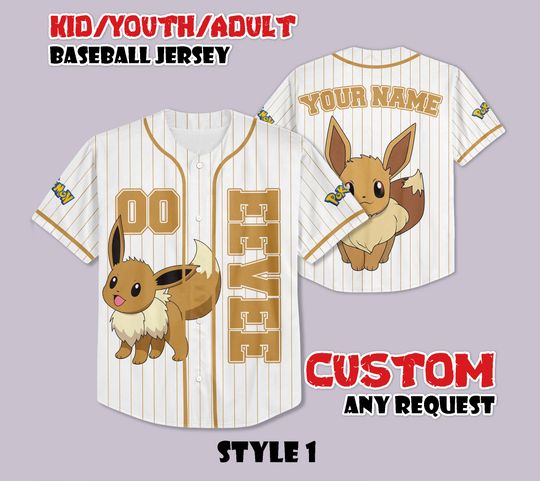 Custom Eevee Baseball Jersey, Funny Anime Baseball Tee, Personalized PKM Lover, Gift for PKM Fans, Birthday Gifts