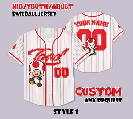 Discover Custom Toad Mushroom Kingdom Super Mario Baseball Jersey, Super Mario Shirt, Personalized Toad Mushroom Jersey, Toad Mushroom Fan Gifts