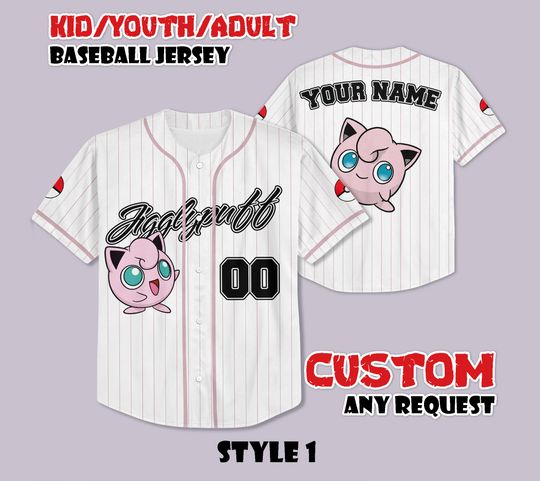 Discover Custom PKM Jigglypuff Baseball Jersey, Funny Anime Baseball Tee, Personalized PKM Lover, Gift for PKM Fans, Birthday Gifts