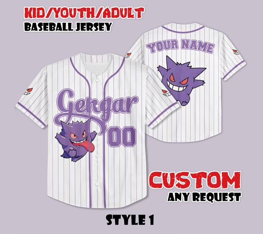 Custom PKM Gengar Baseball Jersey, Funny Anime Baseball Tee, Personalized PKM Lover, Gift for PKM Fans, Birthday Gifts