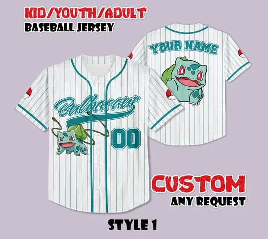 Custom PKM Bulbasaur Baseball Jersey, Funny Anime Baseball Tee, Personalized PKM Lover, Gift for PKM Fans, Birthday Gifts