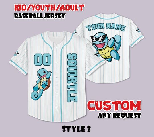 Custom PKM Squirtle Baseball Jersey, Funny Anime Baseball Tee, Personalized PKM Lover, Gift for PKM Fans, Birthday Gifts