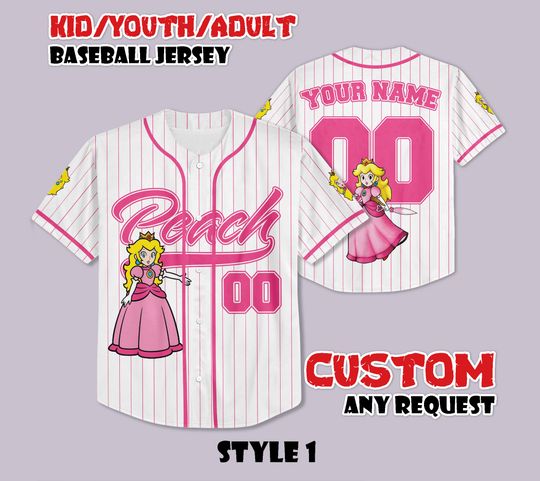 Custom Princess Peach Baseball Jersey, Super Mario Baseball Shirt, Personalized Princess Peach Jersey, Peach Fan Gifts, Birthday Gifts