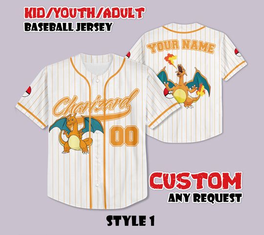 Custom PKM Charizard Baseball Jersey, Funny Anime Baseball Tee, Personalized PKM Lover, Gift for PKM Fans, Birthday Gifts