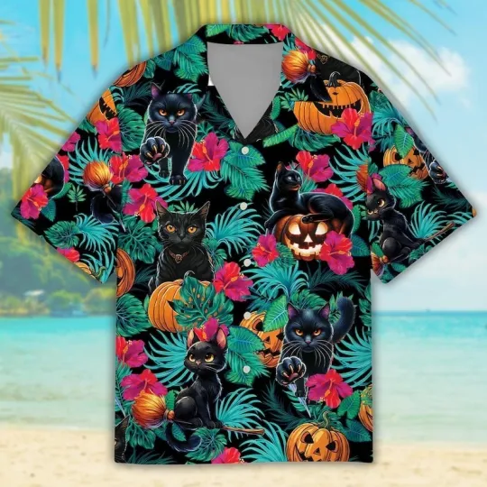 Discover Black Cats Halloween Hawaiian Shirt For Men & Women, Tropical Spooky