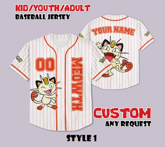 Custom Meowth Baseball Jersey, Funny Anime Baseball Tee, Personalized PKM Lover, Gift for PKM Fans, Birthday Gifts