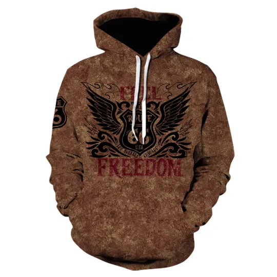 Mens 3D Hooded Sweatshirt Vintage Route 66 Pullover Brown Activewear