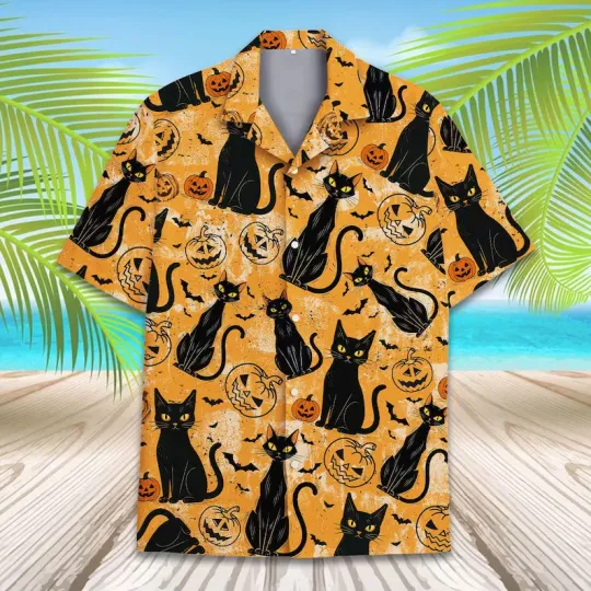 Halloween Black Cat Hawaiian Shirt Men Women Youth, Funny Pumpkin