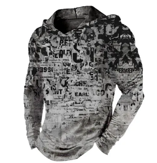 Discover Sudadera Capucha Hombre Moda Estampada Negro Gris Desgastada Peso Ligero Suave