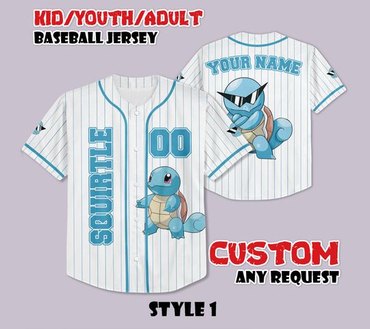 Custom PKM Squirtle Baseball Jersey, Funny Anime Baseball Tee, Personalized PKM Lover, Gift for PKM Fans, Birthday Gifts