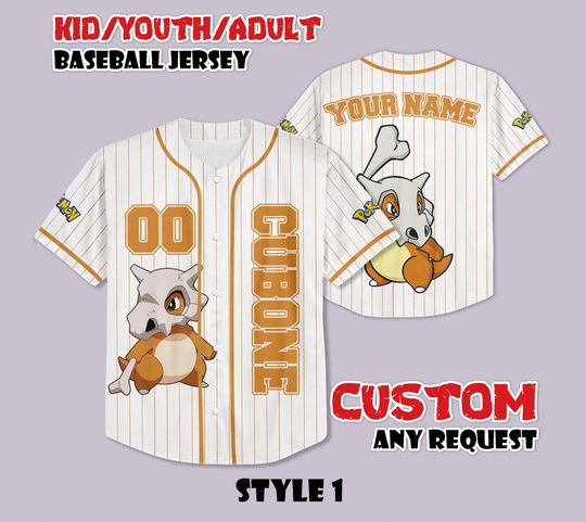 Discover Custom Cubone Baseball Jersey, Cubone Skull Anime Shirt, Personalized PKM Lover, Gift for PKM Fans, Birthday Gifts