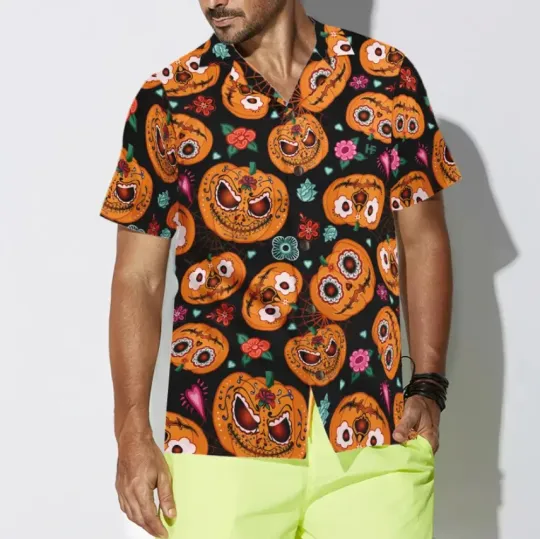 Discover Pumpkin Flower Short Sleeve Halloween Hawaiian Shirt