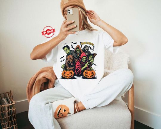 Discover Retro Halloween Monsters T-Shirt: Spooky Zombie Witch Design