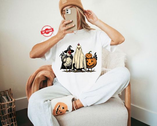 Discover Cute Halloween Chicken T-Shirt, Witch Ghost Pumpkin Chicken T-Shirt, Comfort Colors T-Shirt, Funny Autumn Animal Costume T-Shirt
